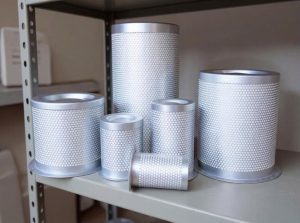 Bộ sưu tập các loại lọc tách dầu máy nén khí trục vít với kích thước khác nhau, vỏ kim loại đục lỗ lưới tổ ong và có khói bốc lên mô phỏng hiệu suất lọc hơi dầu