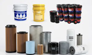 Các loại phụ tùng máy nén khí trục vít bao gồm dầu Shell Corena, dầu Idemitsu, lọc gió và linh kiện thay thế.