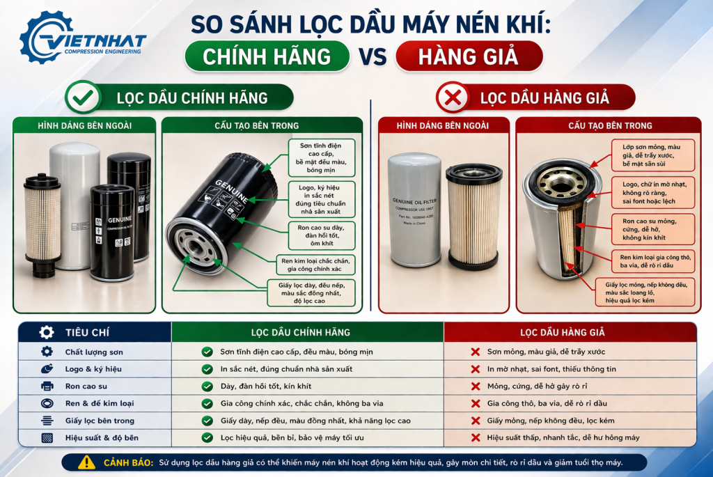 Phân biệt lọc dầu máy nén khí chính hãng với hàng giả qua cấu tạo, vật liệu và hiệu suất lọc