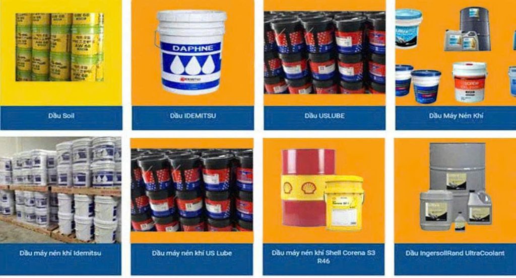 Bảng danh mục các loại dầu máy nén khí từ nhiều hãng khác nhau như Idemitsu Daphne, Shell Corena S3 R46, US Lube và Ingersoll Rand UltraCoolant