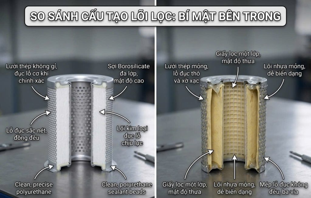 Chi tiết cấu tạo lõi lọc tách dầu chính hãng sử dụng sợi Borosilicate đa lớp so với hàng giả dùng giấy lọc một lớp mỏng.