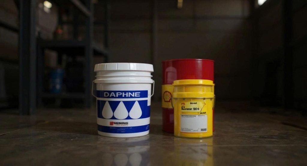 Hai xô dầu máy nén khí công nghiệp, bao gồm Idemitsu Daphne và Shell, được đặt trên sàn nhà kho, sẵn sàng để sử dụng