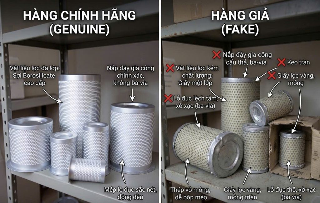 So sánh ngoại quan lọc tách dầu máy nén khí chính hãng và hàng giả qua nắp đậy, mép lỗ đục và chất liệu vỏ thép.