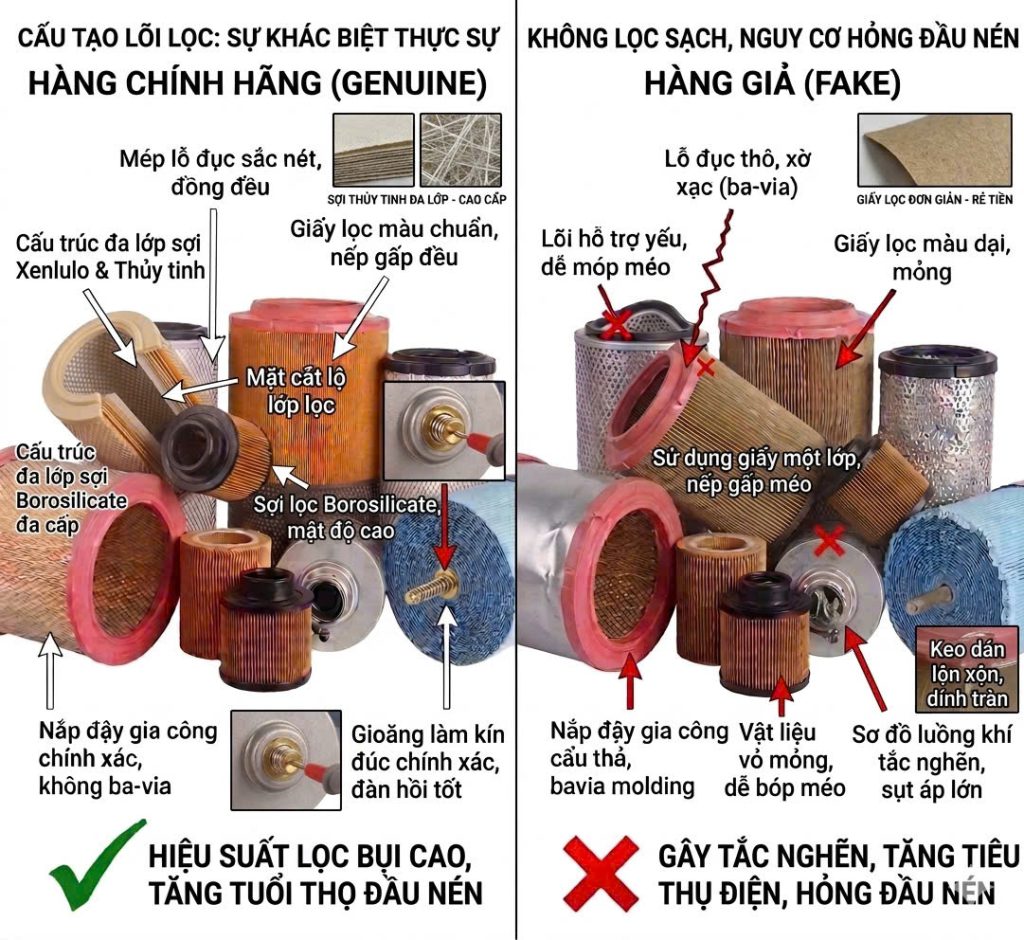 So sánh lọc gió máy nén khí chính hãng và kém chất lượng, cấu tạo lõi lọc và vật liệu bên trong