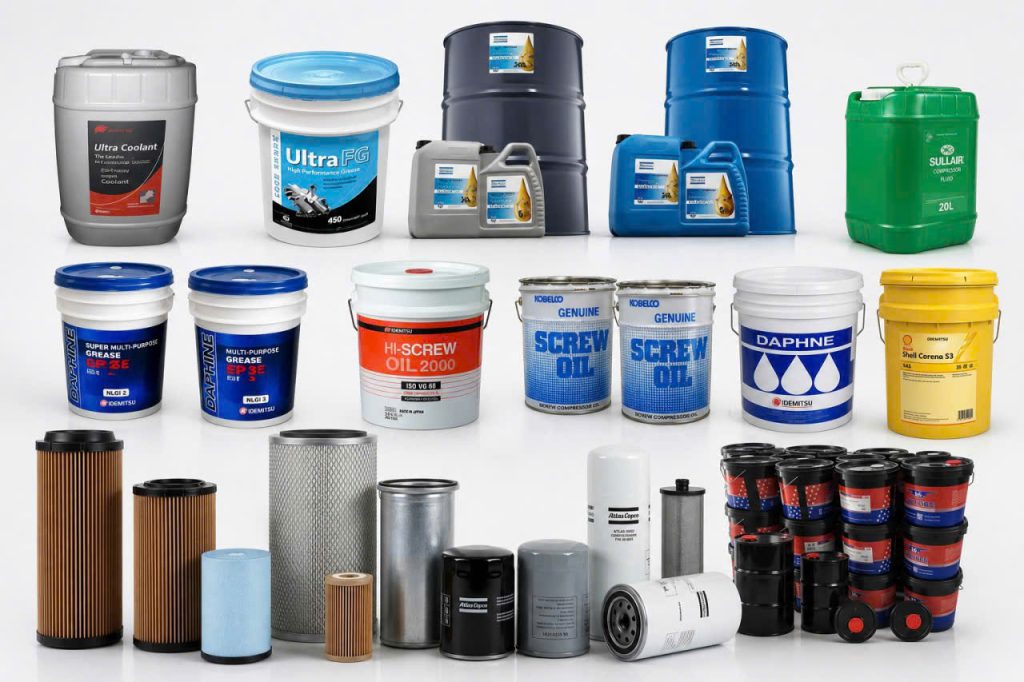 Các loại dầu máy nén khí trục vít chính hãng như Sullair, Hitachi, Kobelco, Daphne cùng bộ kit lọc gió, lọc dầu bảo dưỡng định kỳ