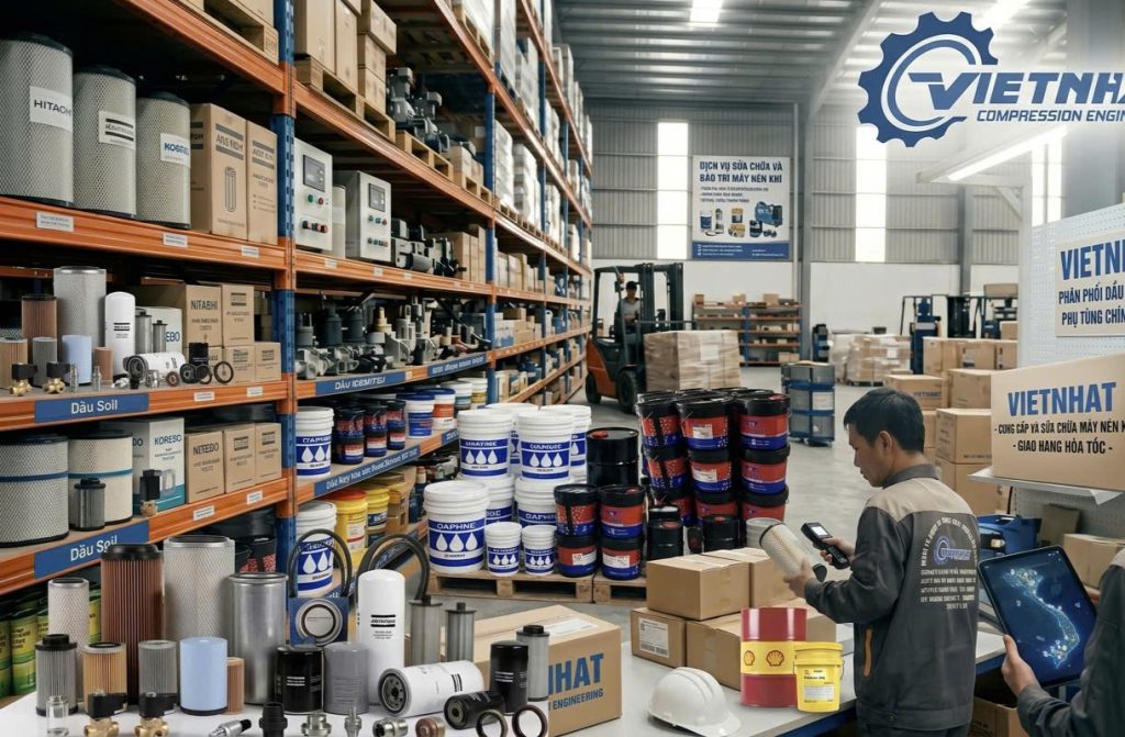 Kỹ thuật viên kiểm tra kho hàng phụ tùng máy nén khí trục vít chính hãng, giao hàng 2h đến Khu công nghiệp Yên Phong và Quế Võ Bắc Ninh.